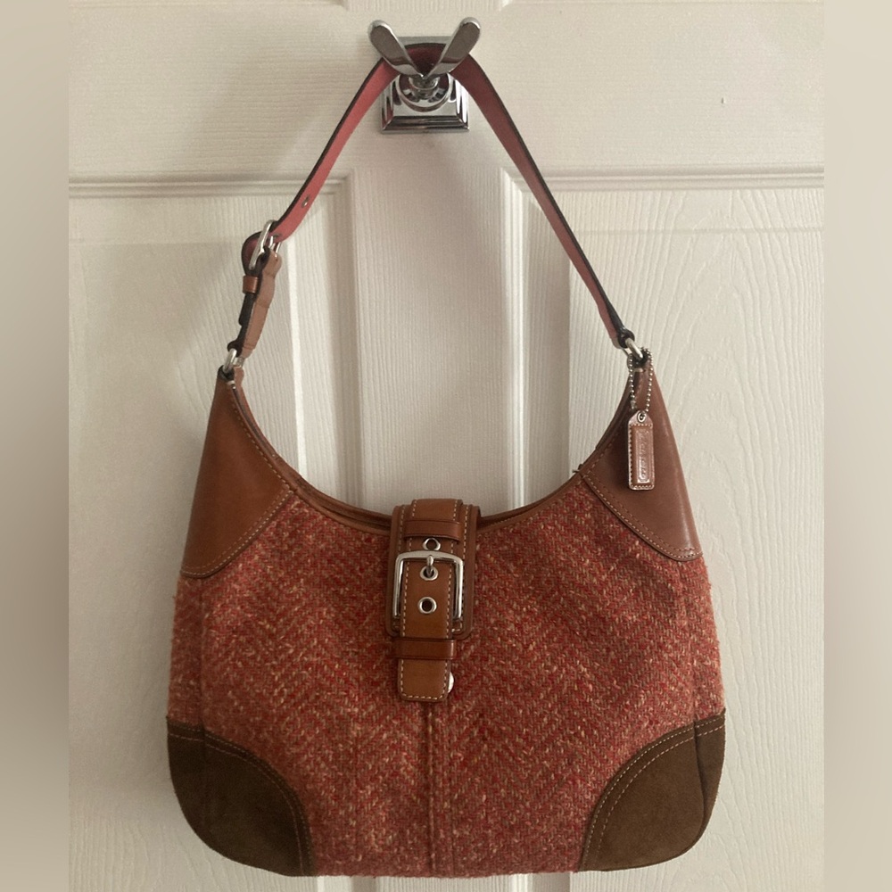 Coach Herringbone Tweed Orange/ Rust Pink Large Hobo Bag